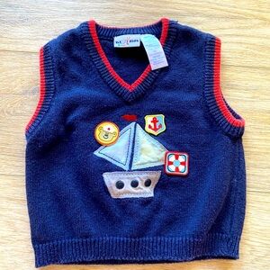 ⛴️ Blue and Red Nautical Knit Vest with Sailboat Design